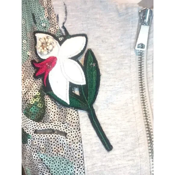 BOSTON PROPER XXS CAMO SEQUIN EMBELLISHED VARSITY FULL ZIP JACKET - Picture 4 of 12